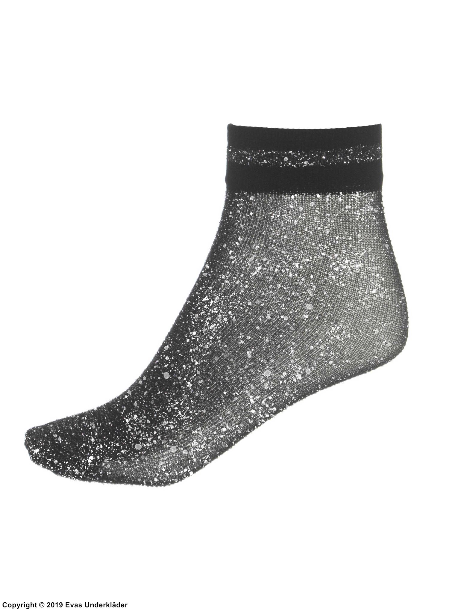 Ankle socks, mesh, glitter, horizontal stripes